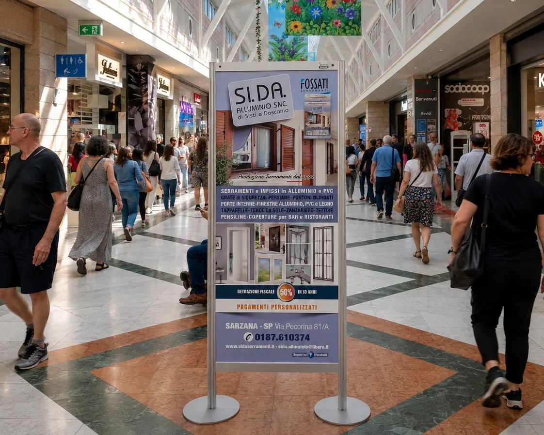 Un totem pubblicitario in un corridoio affollato di un centro commerciale