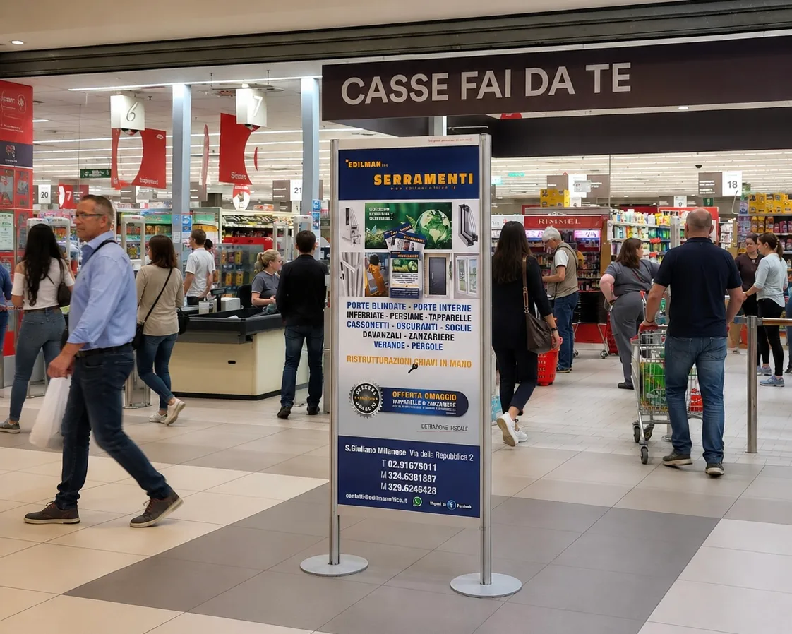 Totem pubblicitario in un centro commerciale con una tasca in plexiglas per il foglio stampato