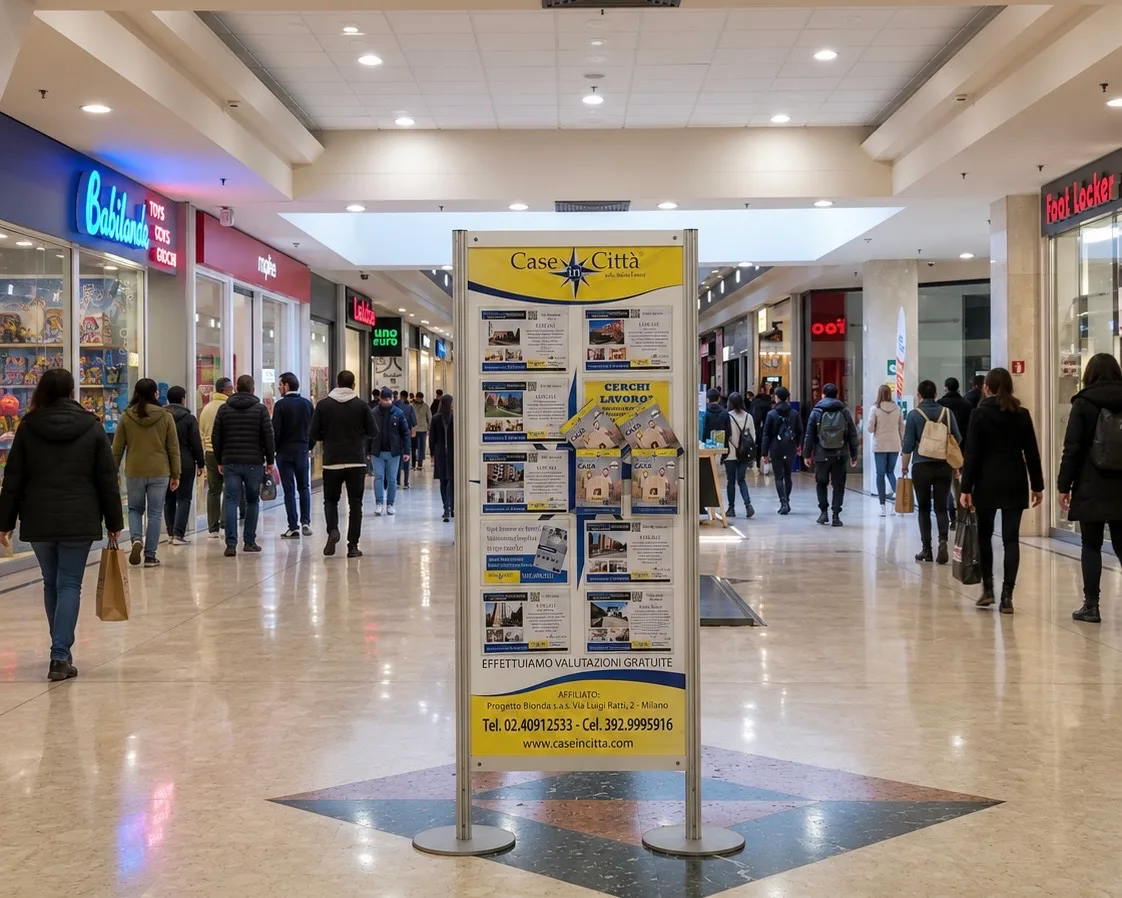 Un totem in un centro commerciale affollato: la comunicazione raggiunge le persone dove già passano.